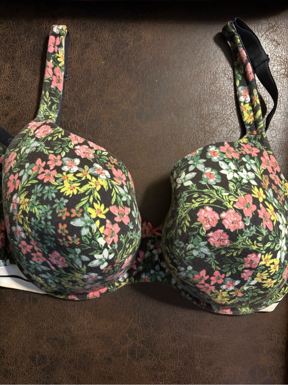 Cacique Floral Molded T-Shirt Bra in Black with Pink & Green Flowers